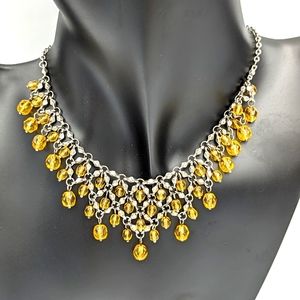Beautiful Phillip Bloch 16” Yellow Glass Beaded Bib Silver tone Necklace